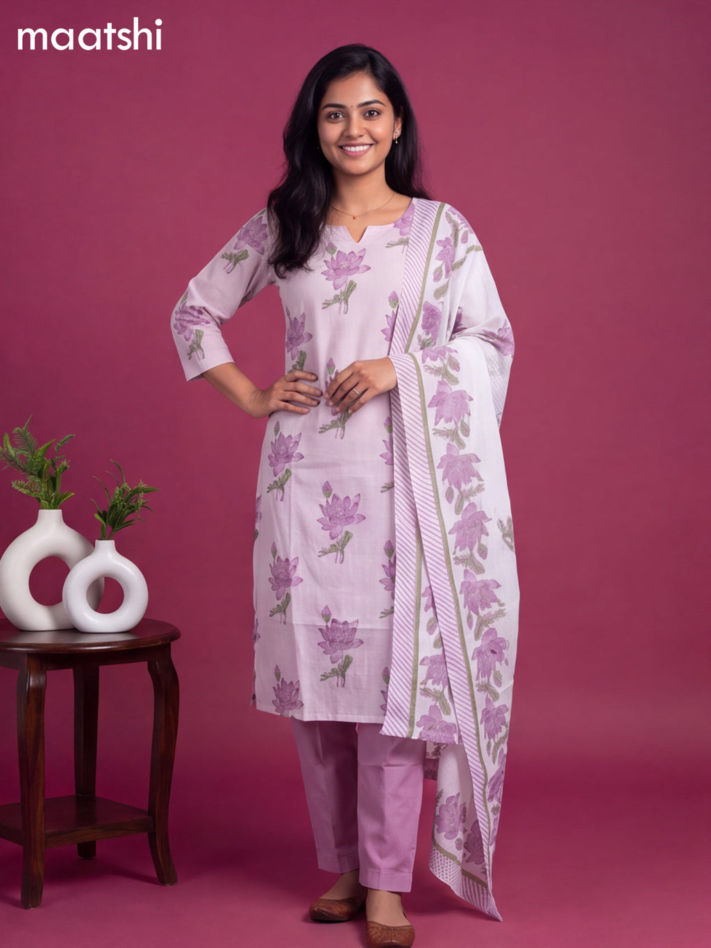 Lavender Cotton Printed Straight Suit