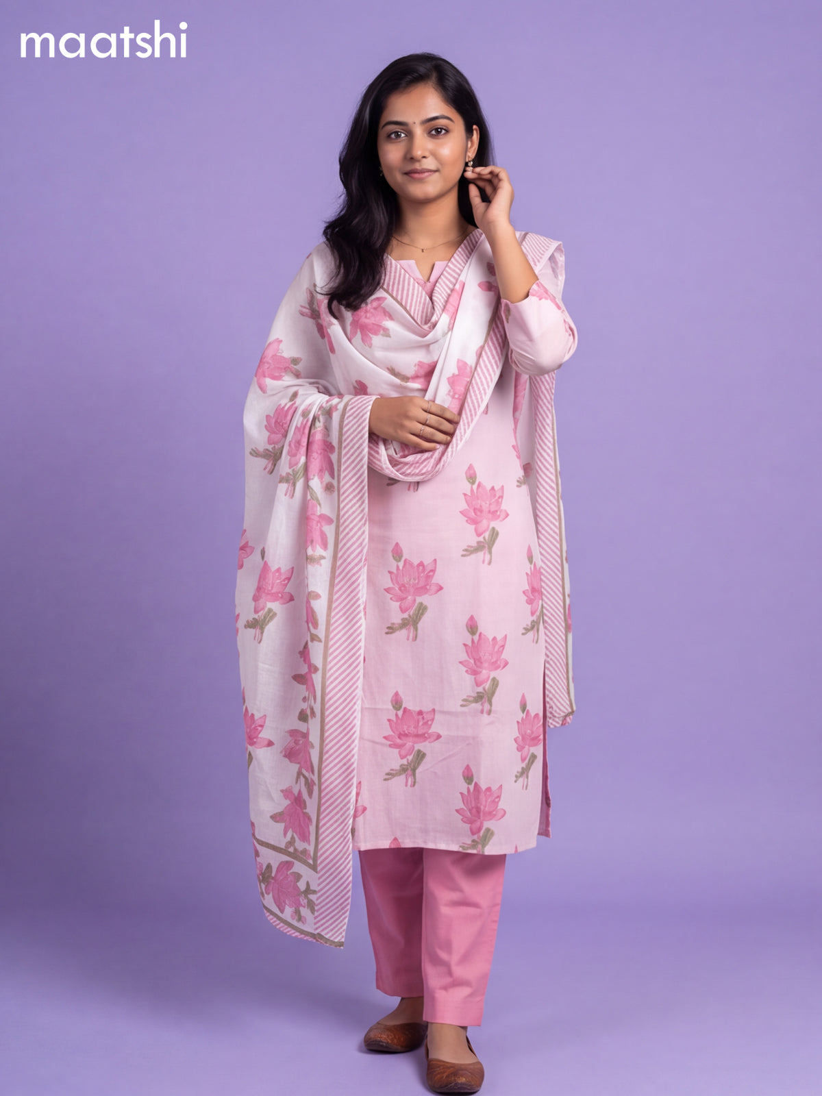Pink Cotton Printed Straight Suit