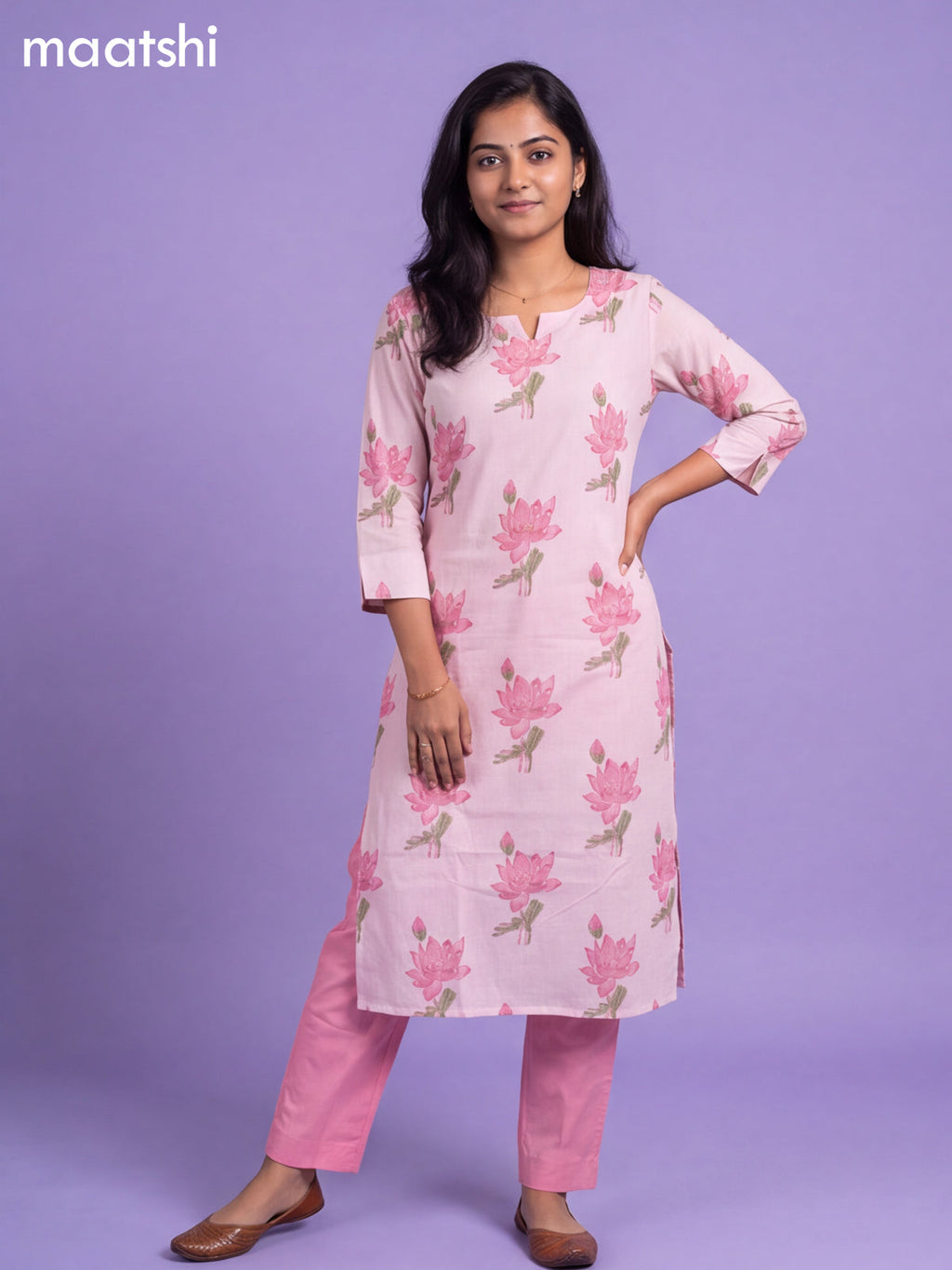 Pink Cotton Printed Straight Suit