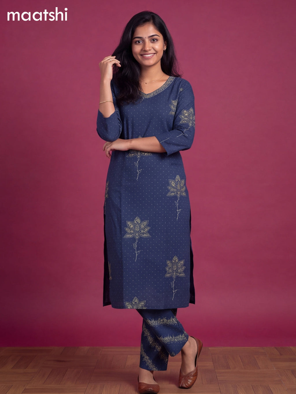 Navy Blue Cotton Printed Straight Suit