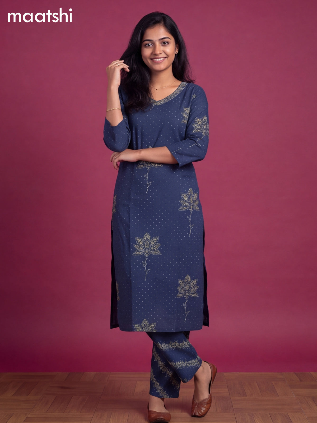 Navy Blue Cotton Printed Straight Suit