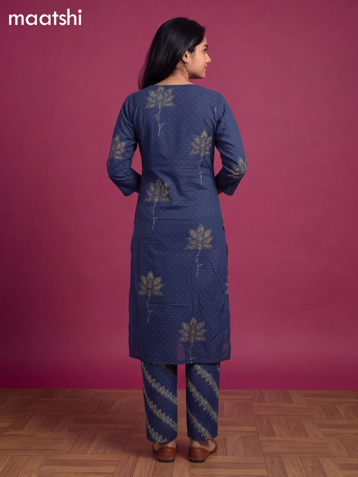 Navy Blue Cotton Printed Straight Suit