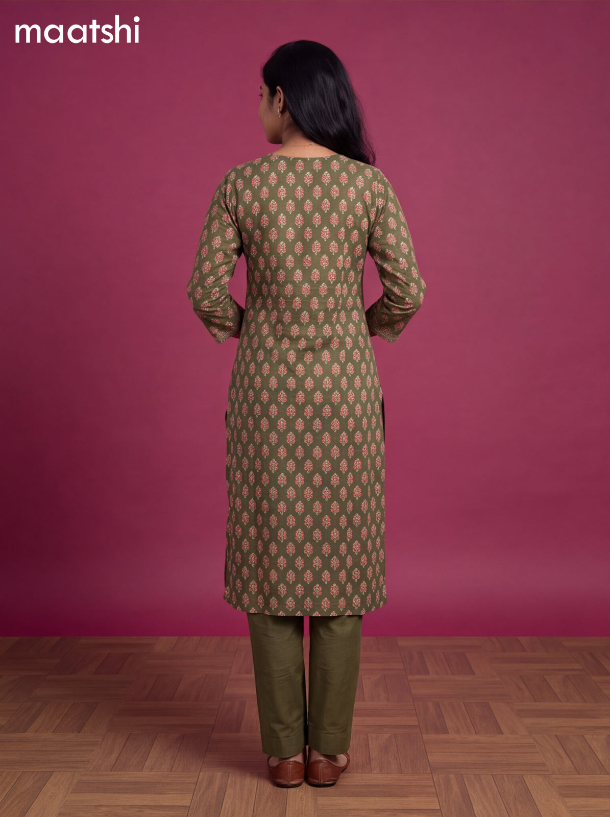Green Cotton Printed Straight Suit