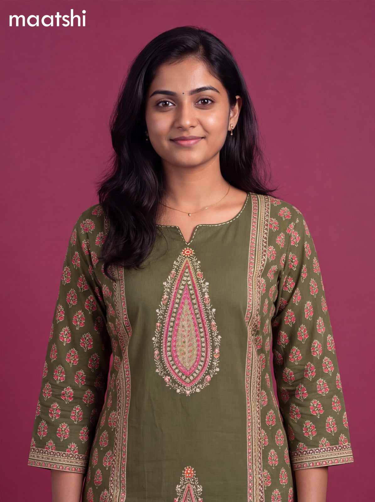 Green Cotton Printed Straight Suit