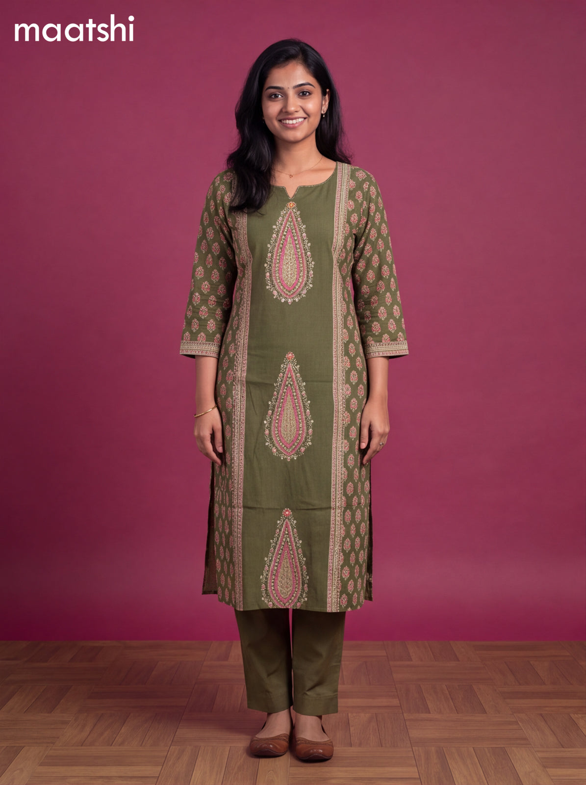 Green Cotton Printed Straight Suit