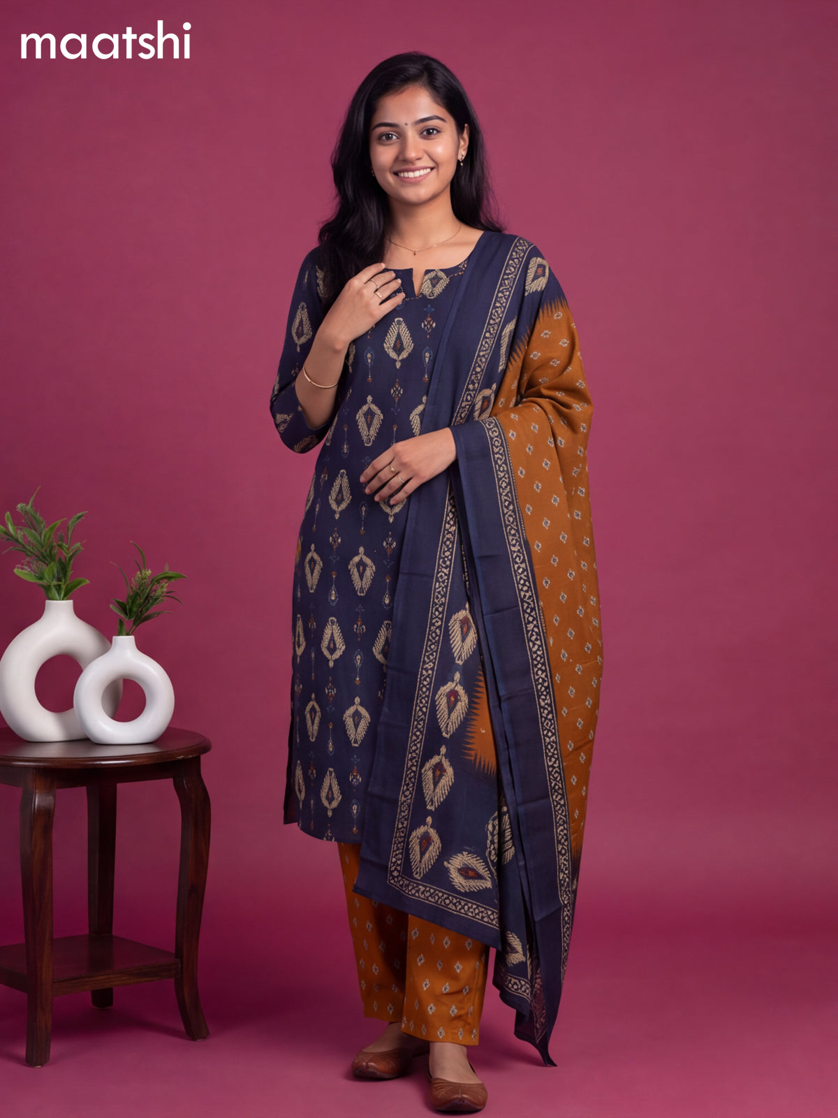 Navy Blue Cotton Printed Straight Suit