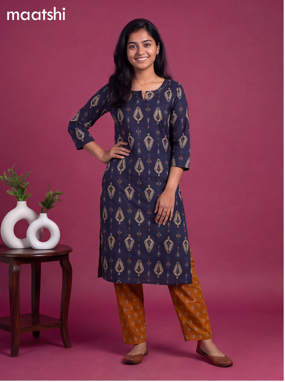 Navy Blue Cotton Printed Straight Suit