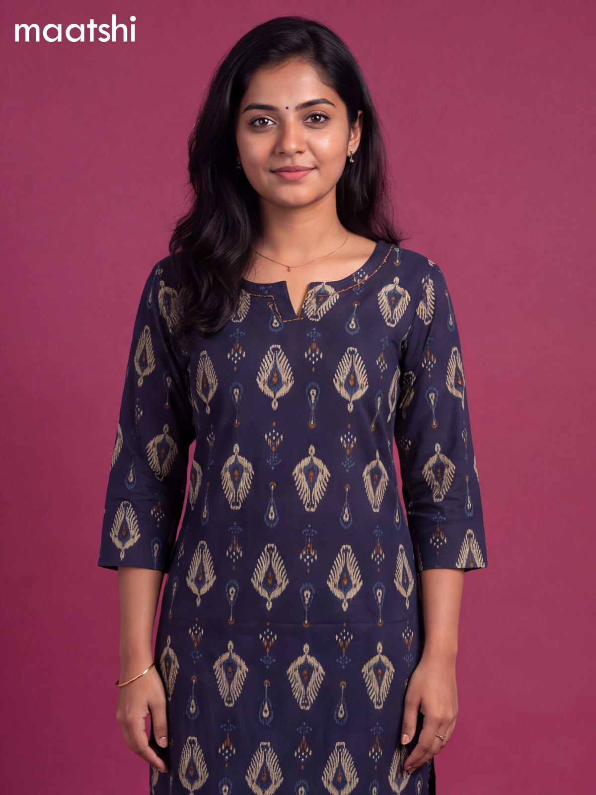 Navy Blue Cotton Printed Straight Suit