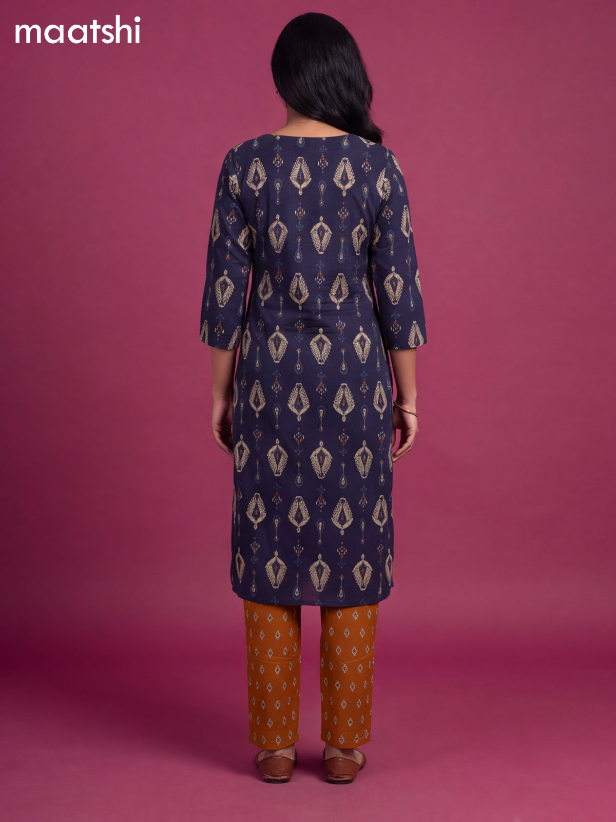 Navy Blue Cotton Printed Straight Suit