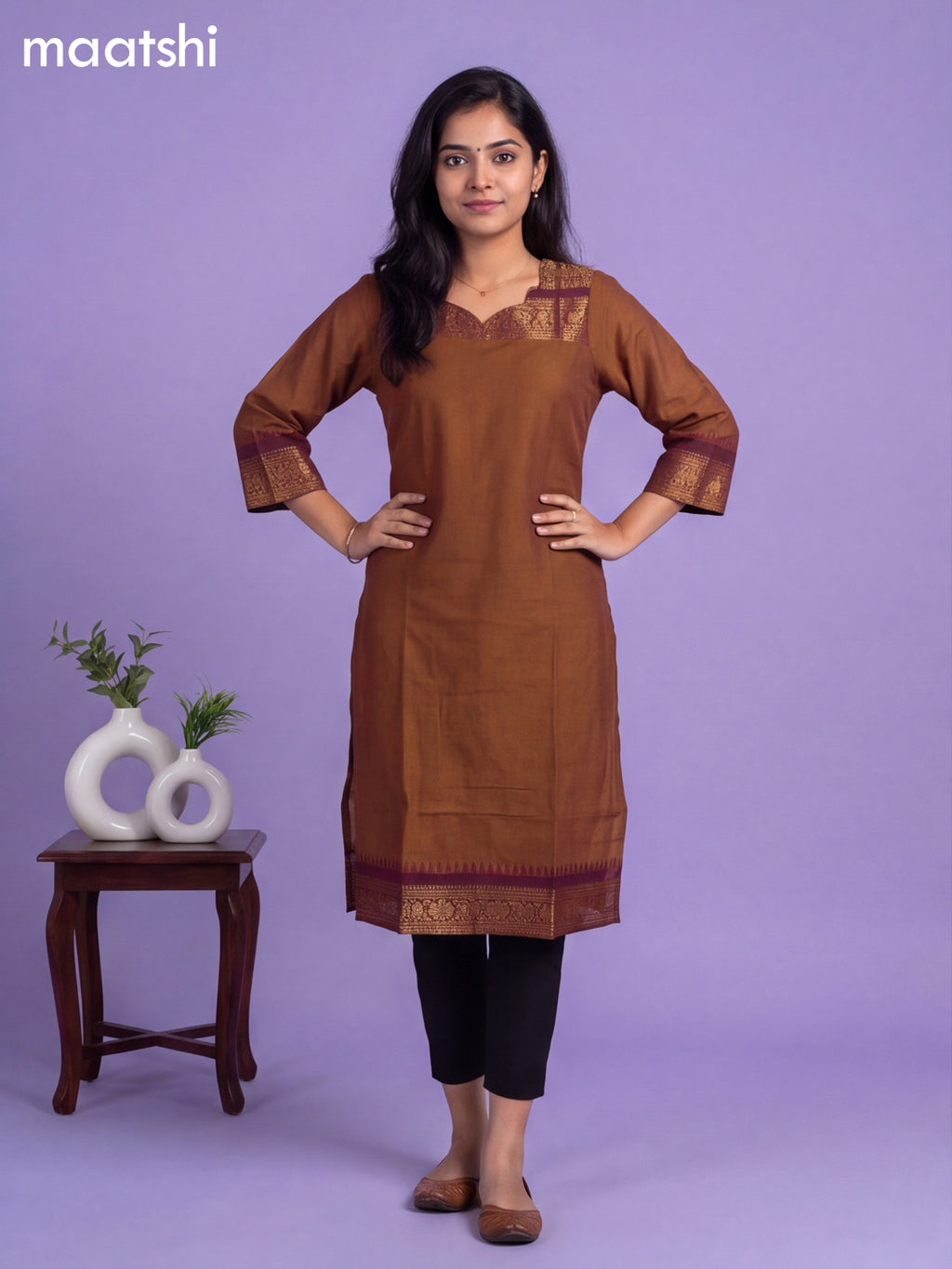 Brown Chettinad Cotton Zari Neck Pattern Straight Kurti