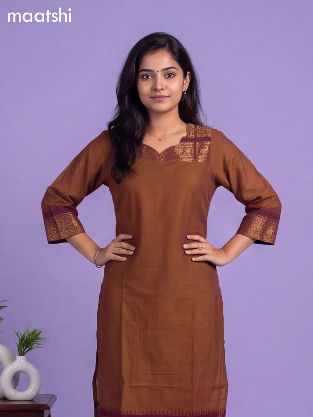 Brown Chettinad Cotton Zari Neck Pattern Straight Kurti
