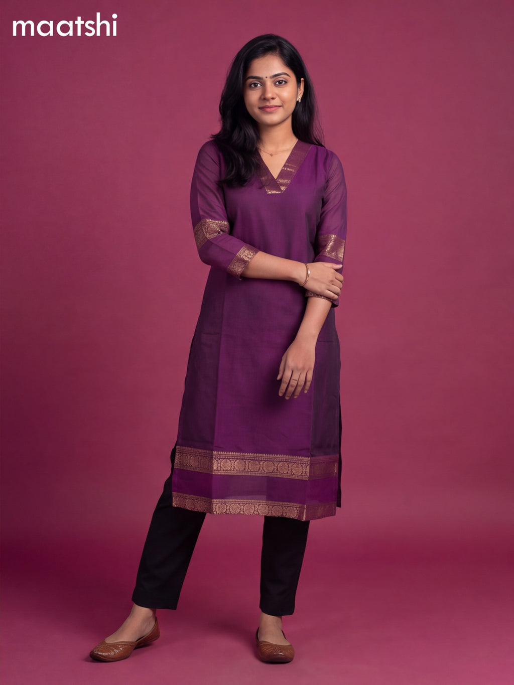 Deep Purple Chettinad Cotton Zari Neck Pattern Straight Kurti