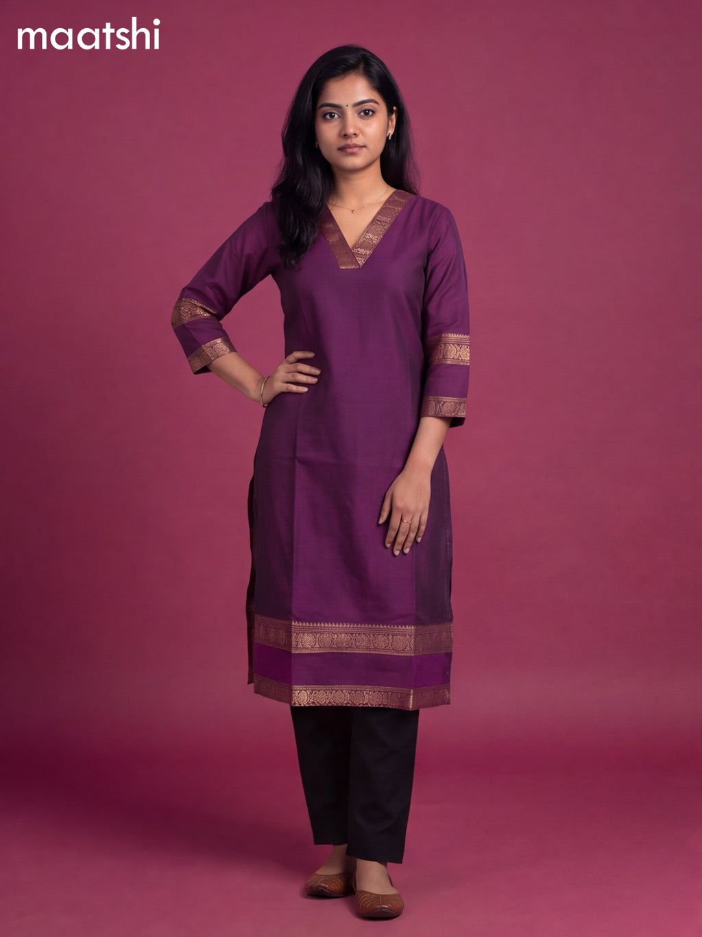 Deep Purple Chettinad Cotton Zari Neck Pattern Straight Kurti