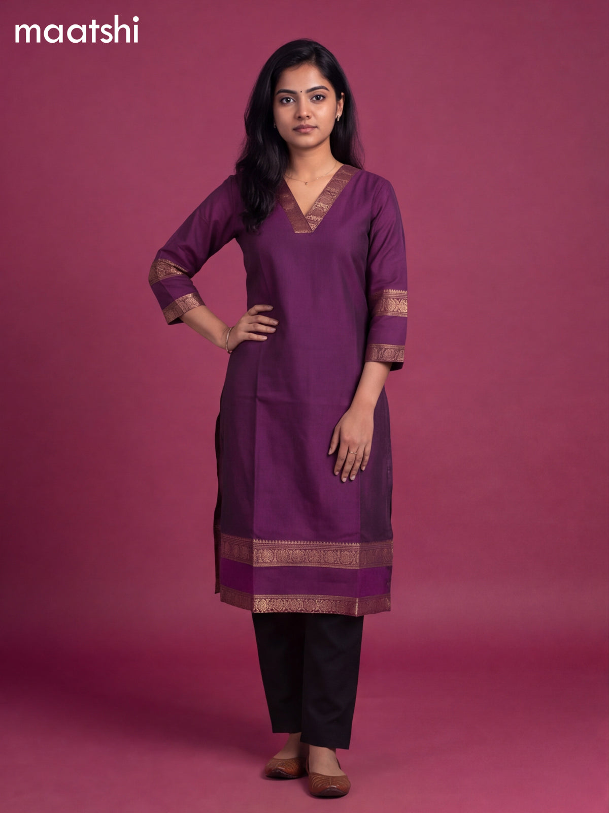Deep Purple Chettinad Cotton Zari Neck Pattern Straight Kurti