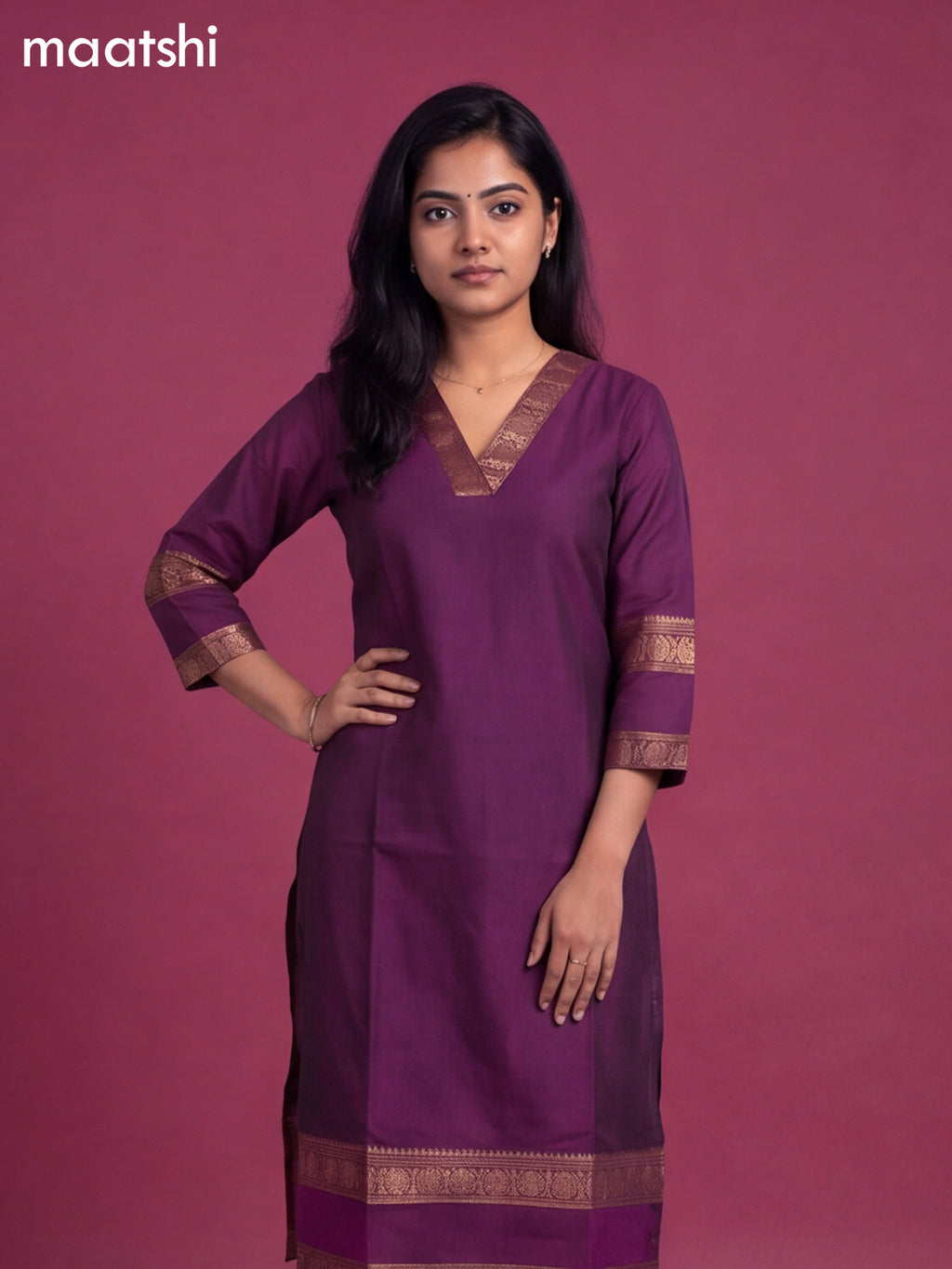 Deep Purple Chettinad Cotton Zari Neck Pattern Straight Kurti