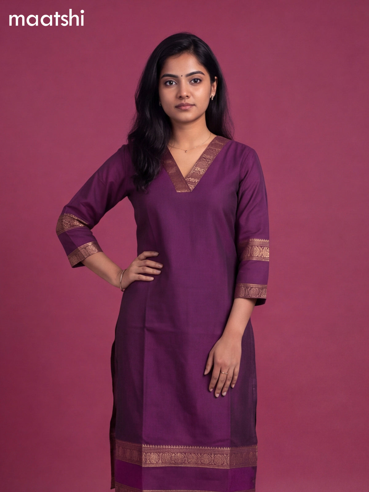Deep Purple Chettinad Cotton Zari Neck Pattern Straight Kurti