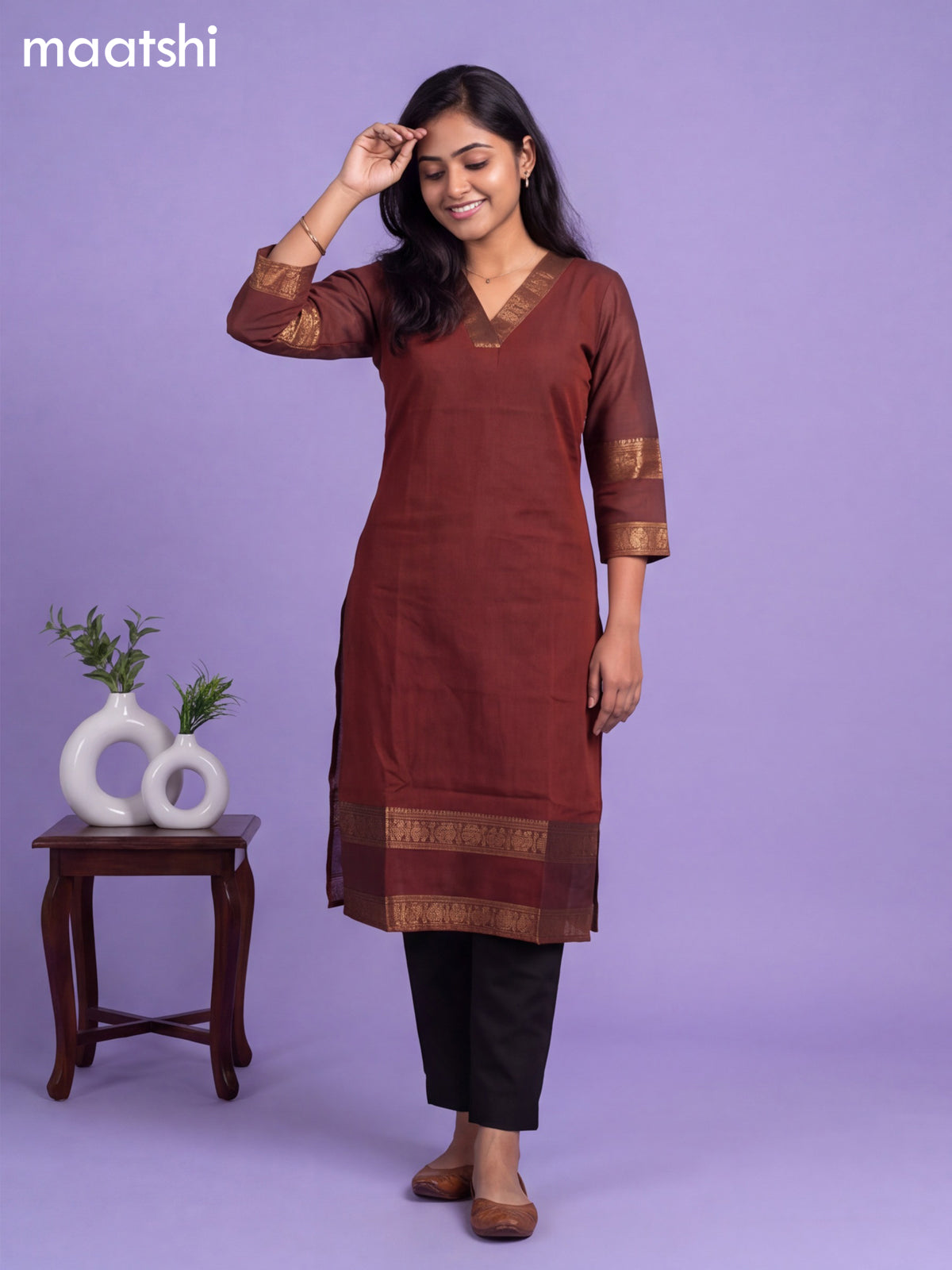Rustic Brown Chettinad Cotton Zari Neck Pattern Straight Kurti