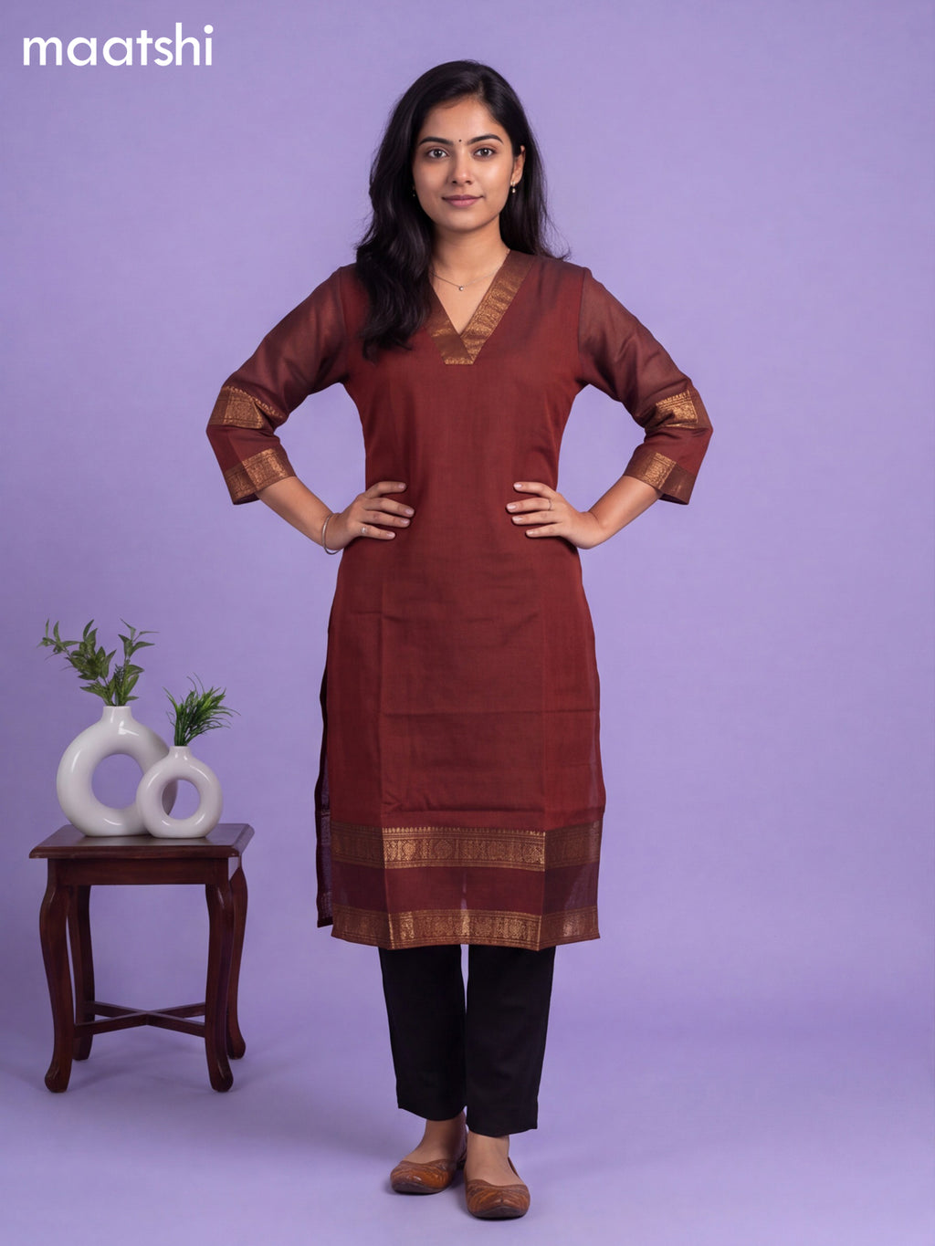 Rustic Brown Chettinad Cotton Zari Neck Pattern Straight Kurti