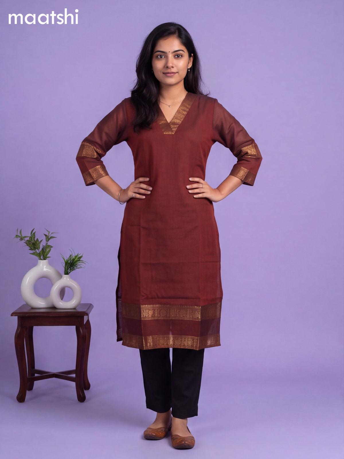 Rustic Brown Chettinad Cotton Zari Neck Pattern Straight Kurti