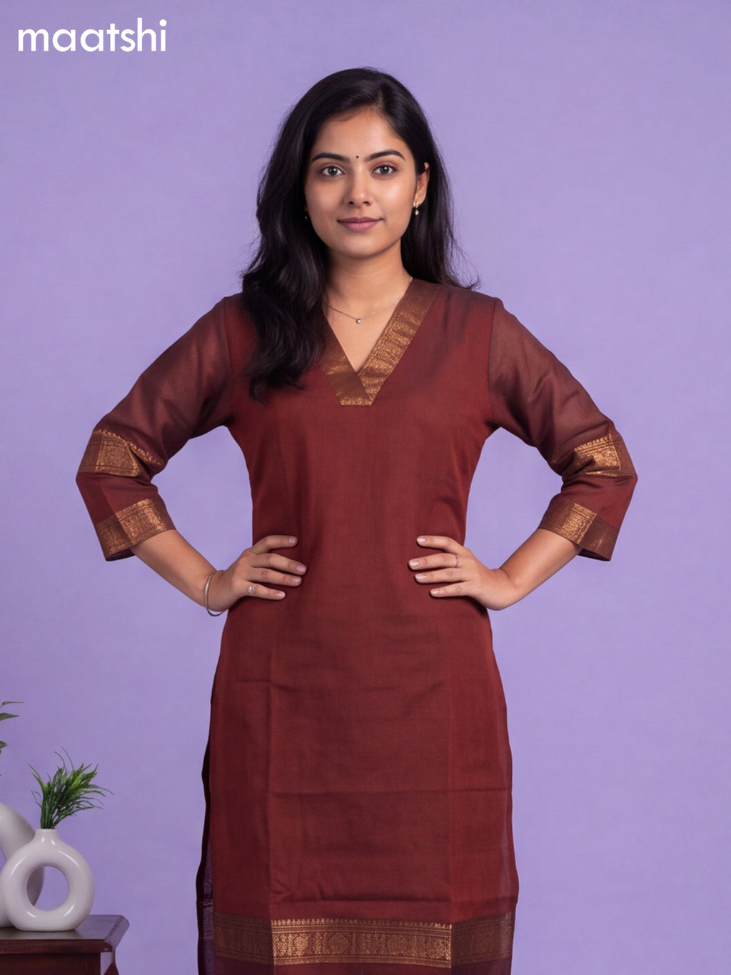 Rustic Brown Chettinad Cotton Zari Neck Pattern Straight Kurti
