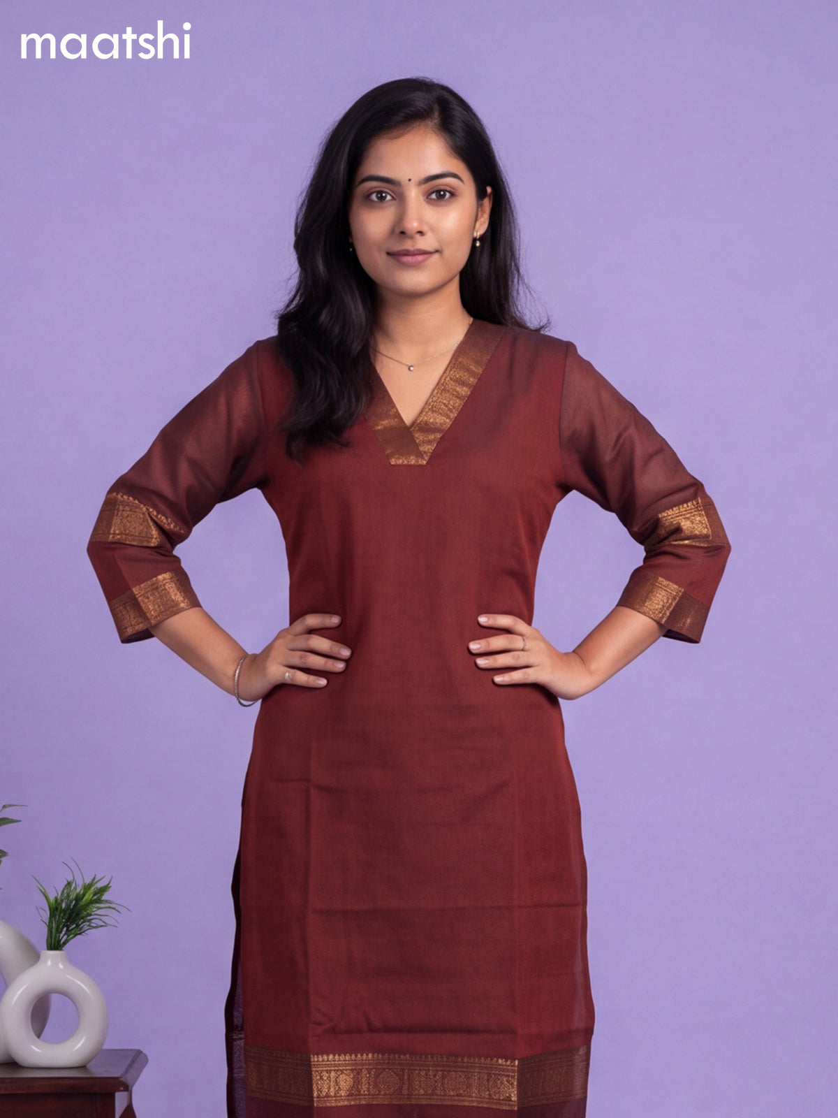 Rustic Brown Chettinad Cotton Zari Neck Pattern Straight Kurti