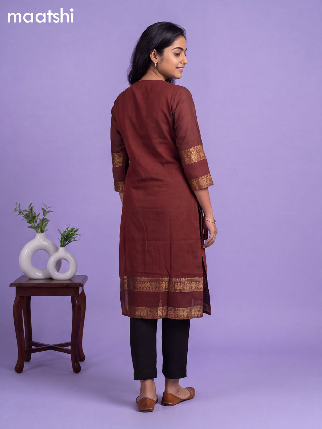 Rustic Brown Chettinad Cotton Zari Neck Pattern Straight Kurti