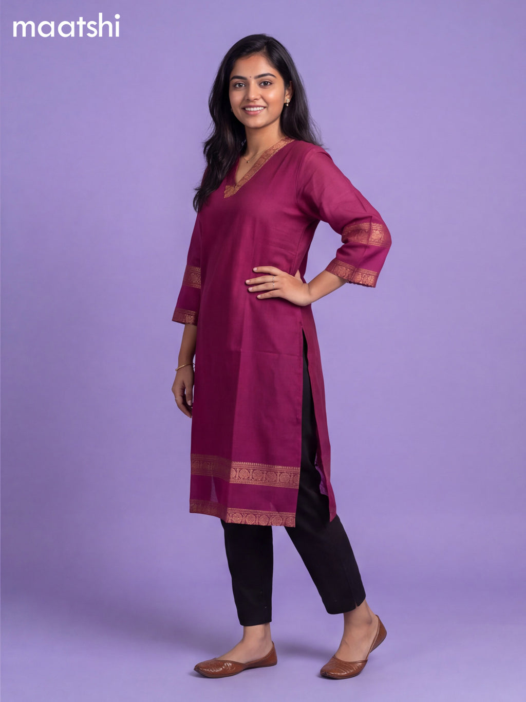 Meganta Pink Chettinad Cotton Zari Neck Pattern Straight Kurti