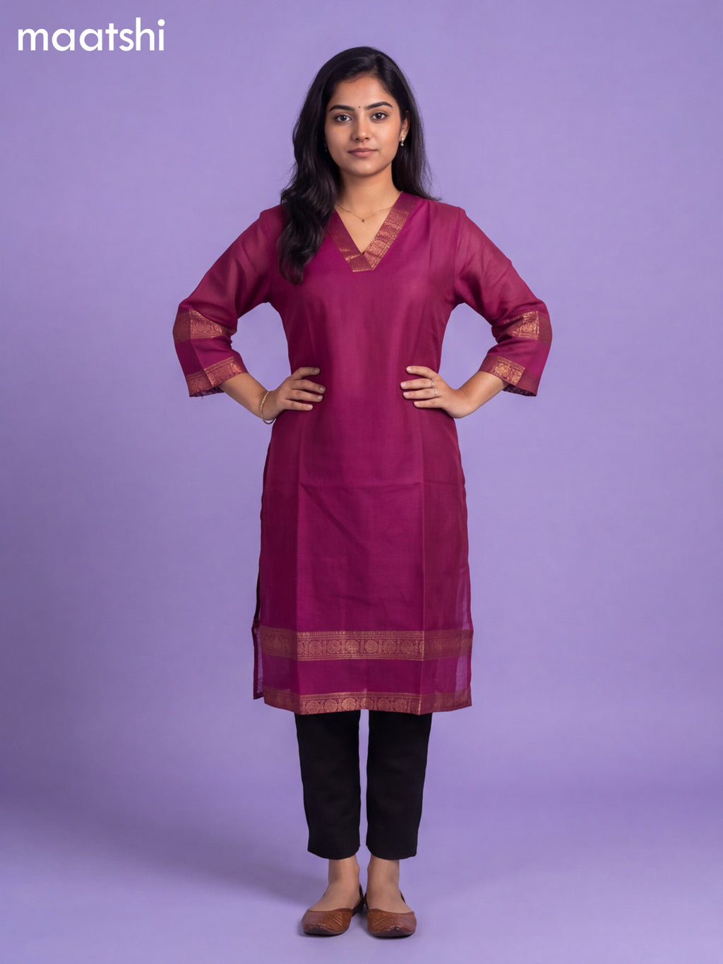 Meganta Pink Chettinad Cotton Zari Neck Pattern Straight Kurti