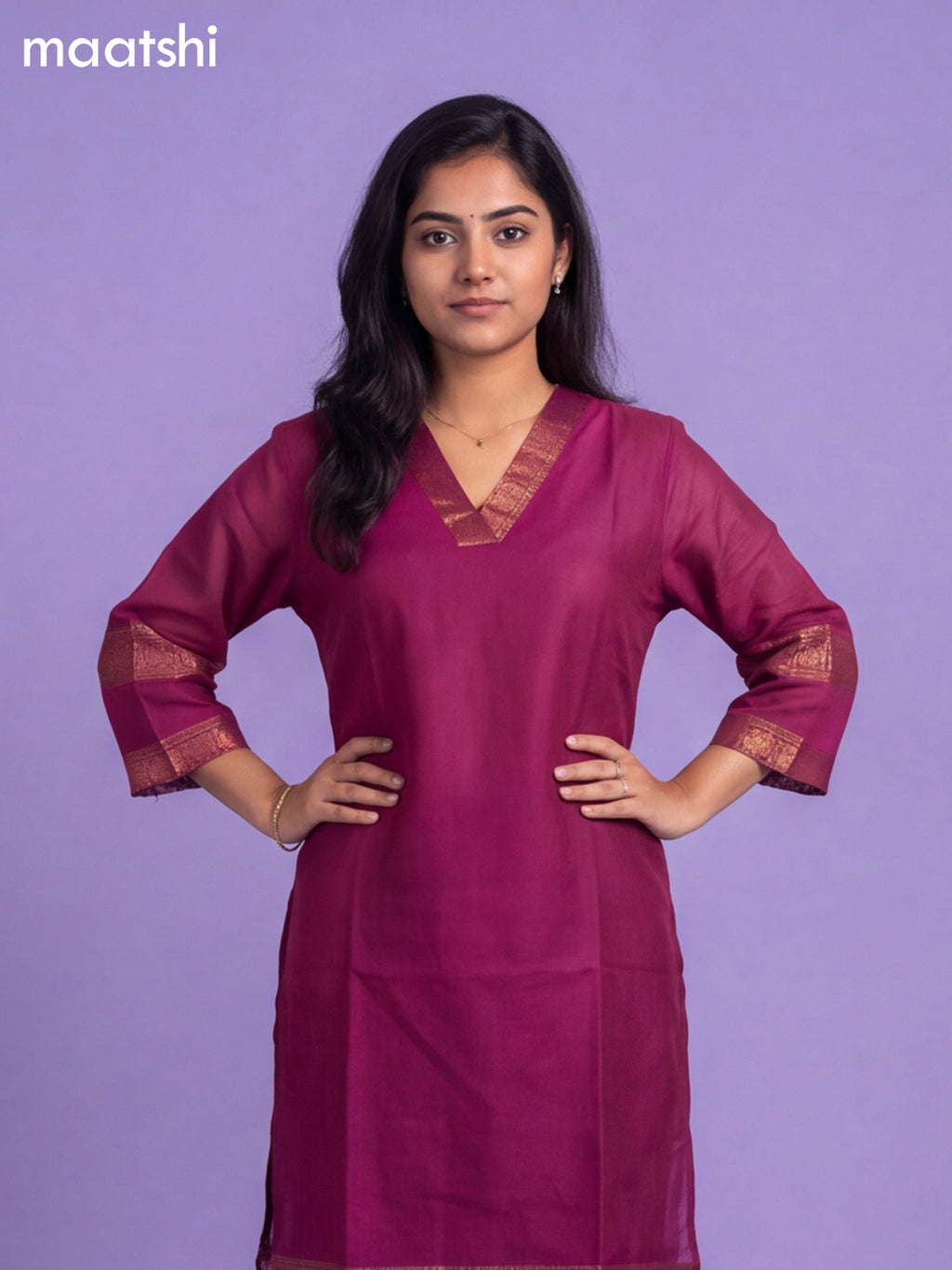 Meganta Pink Chettinad Cotton Zari Neck Pattern Straight Kurti