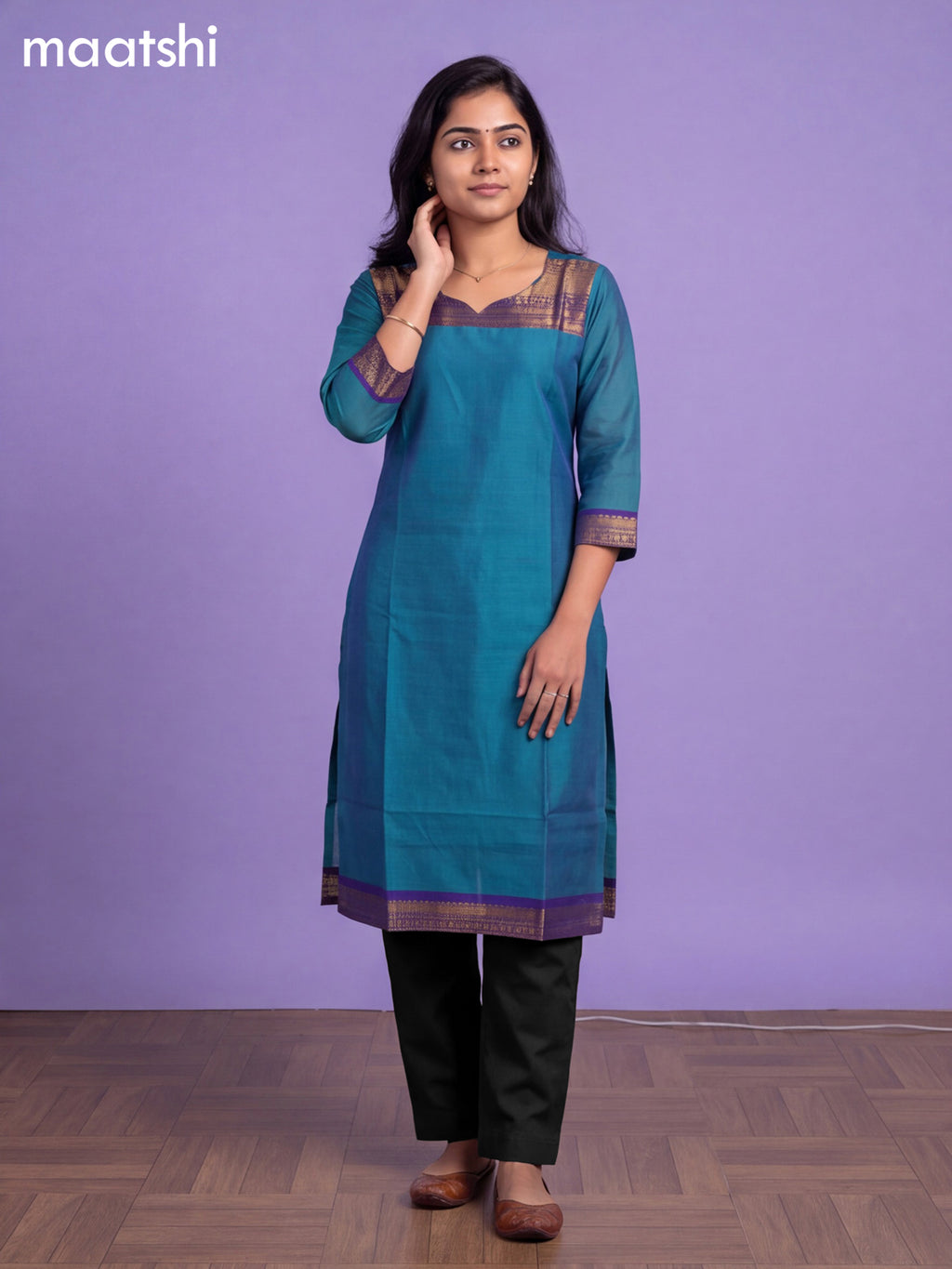 Teal Blue Chettinad Cotton Zari Neck Pattern Straight Kurti