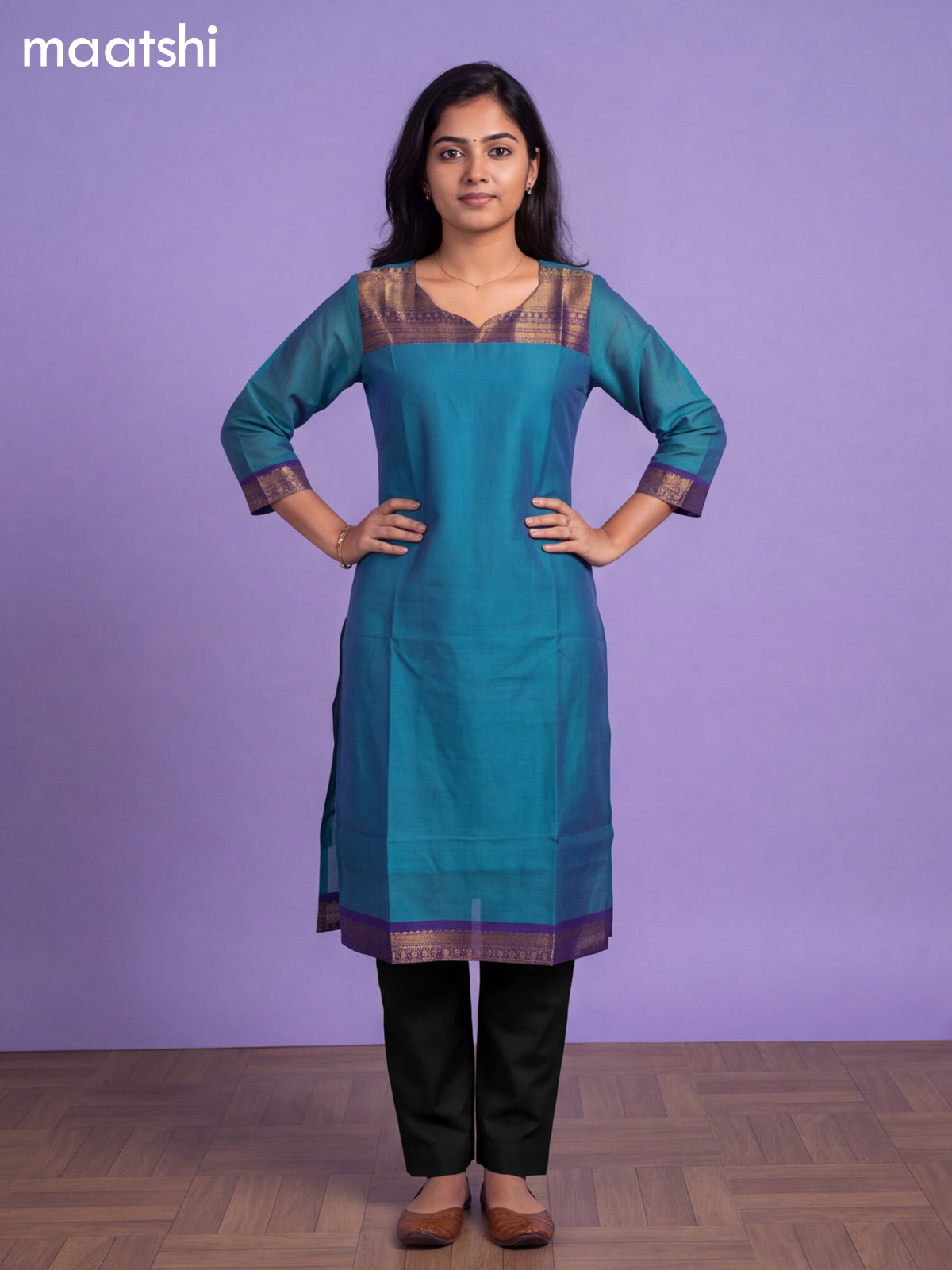 Teal Blue Chettinad Cotton Zari Neck Pattern Straight Kurti