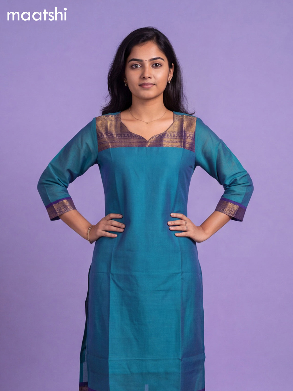 Teal Blue Chettinad Cotton Zari Neck Pattern Straight Kurti