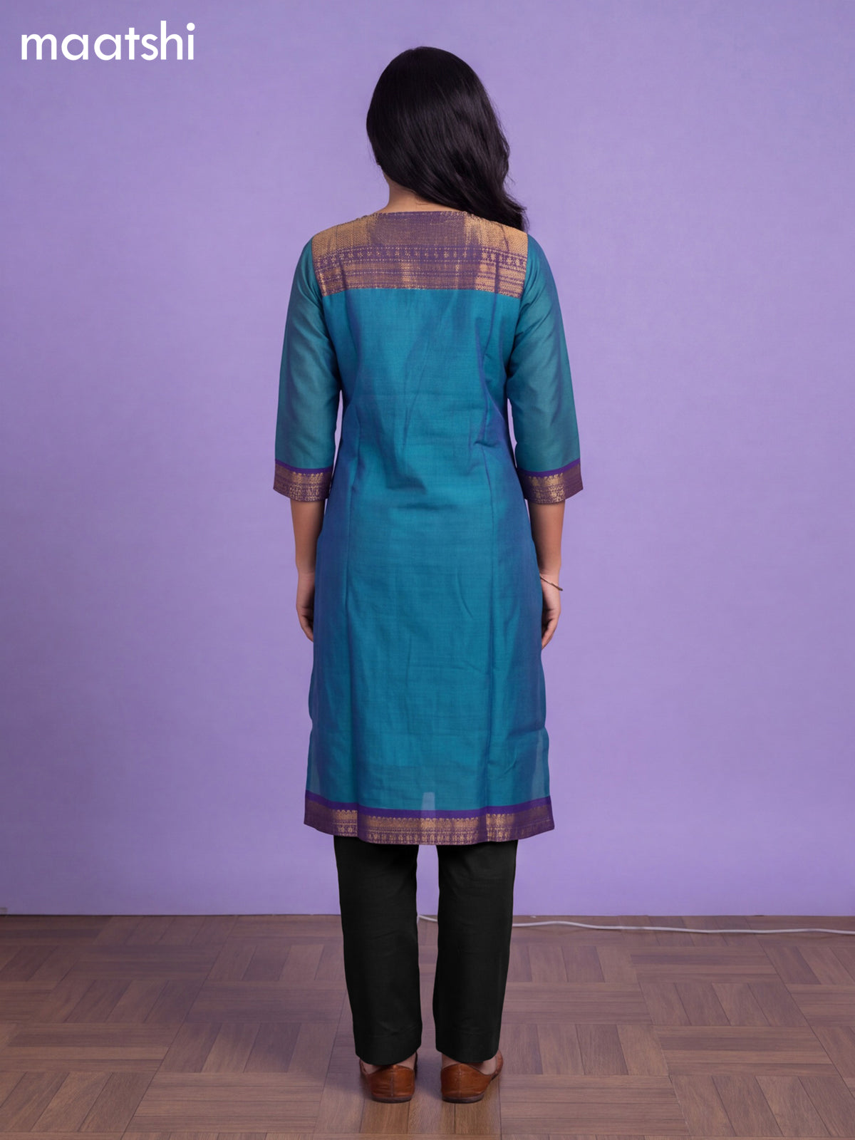 Teal Blue Chettinad Cotton Zari Neck Pattern Straight Kurti