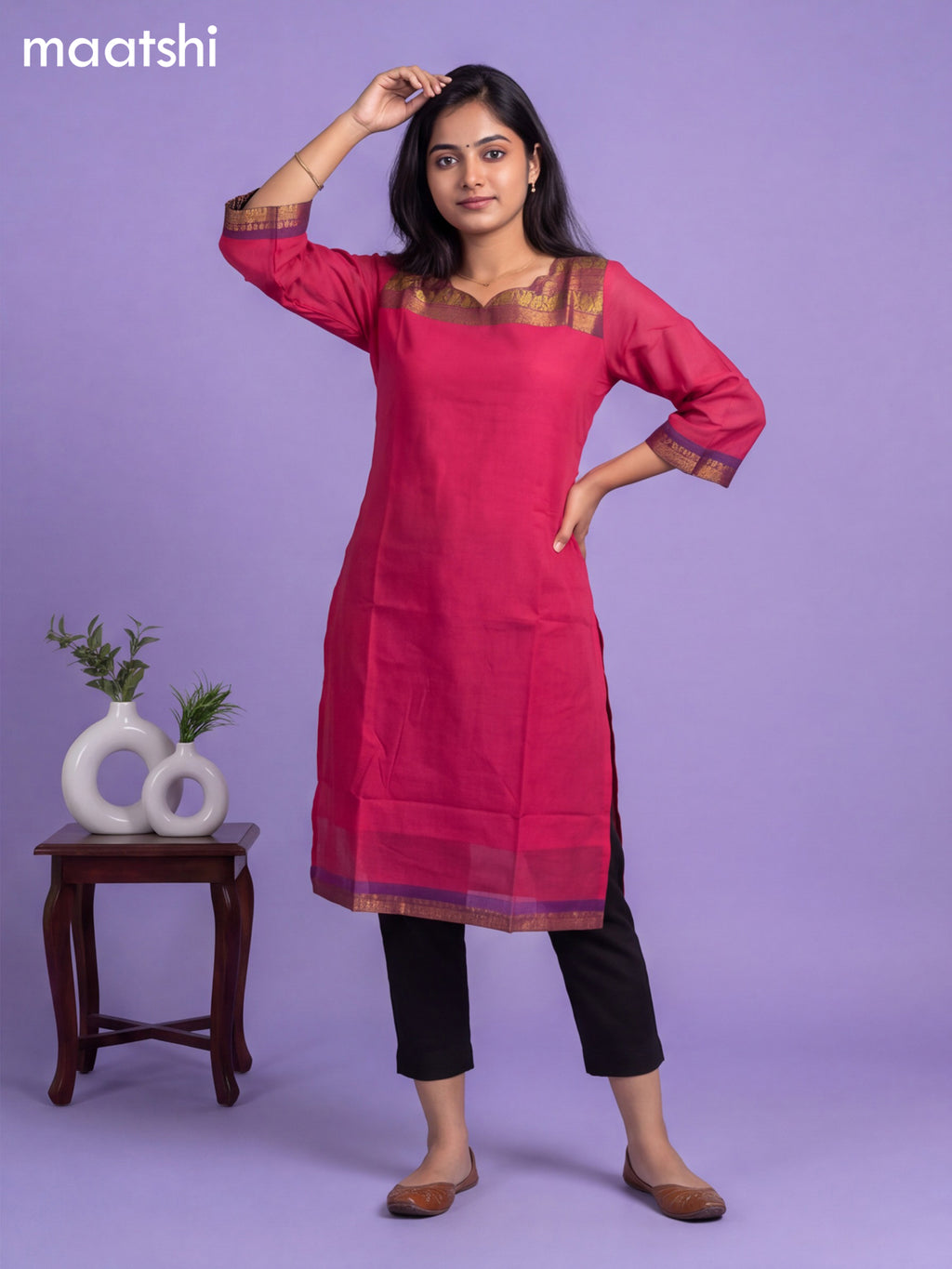 Pink Chettinad Cotton Zari Neck Pattern Straight Kurti