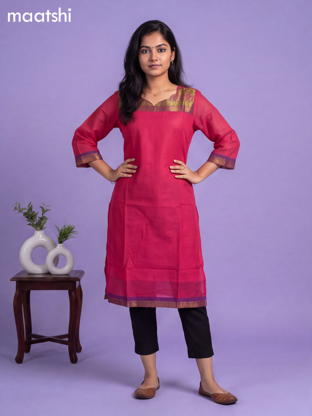 Pink Chettinad Cotton Zari Neck Pattern Straight Kurti