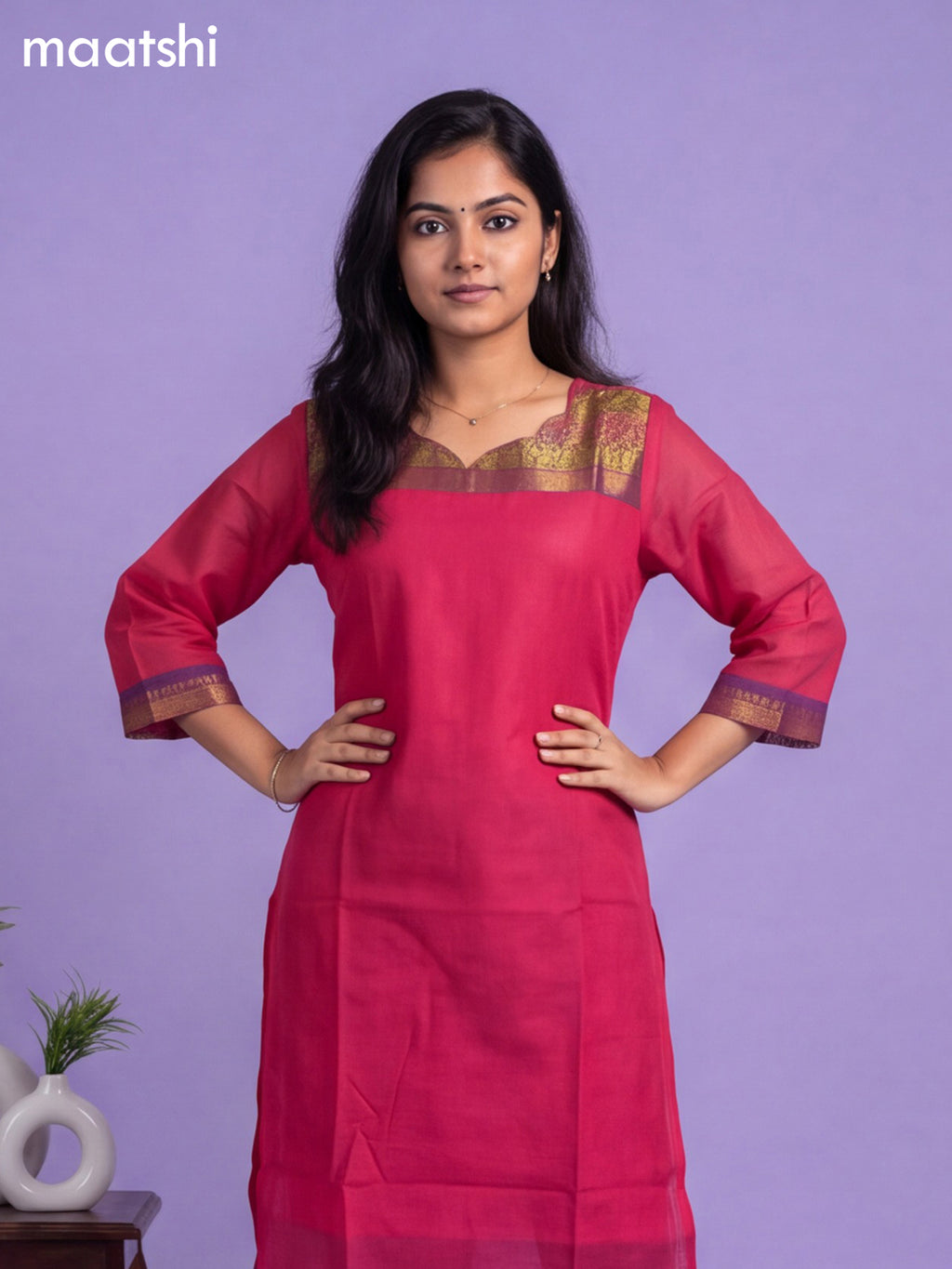 Pink Chettinad Cotton Zari Neck Pattern Straight Kurti