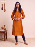 Rustic Orange Art Silk Embroidery Work Straight Kurti