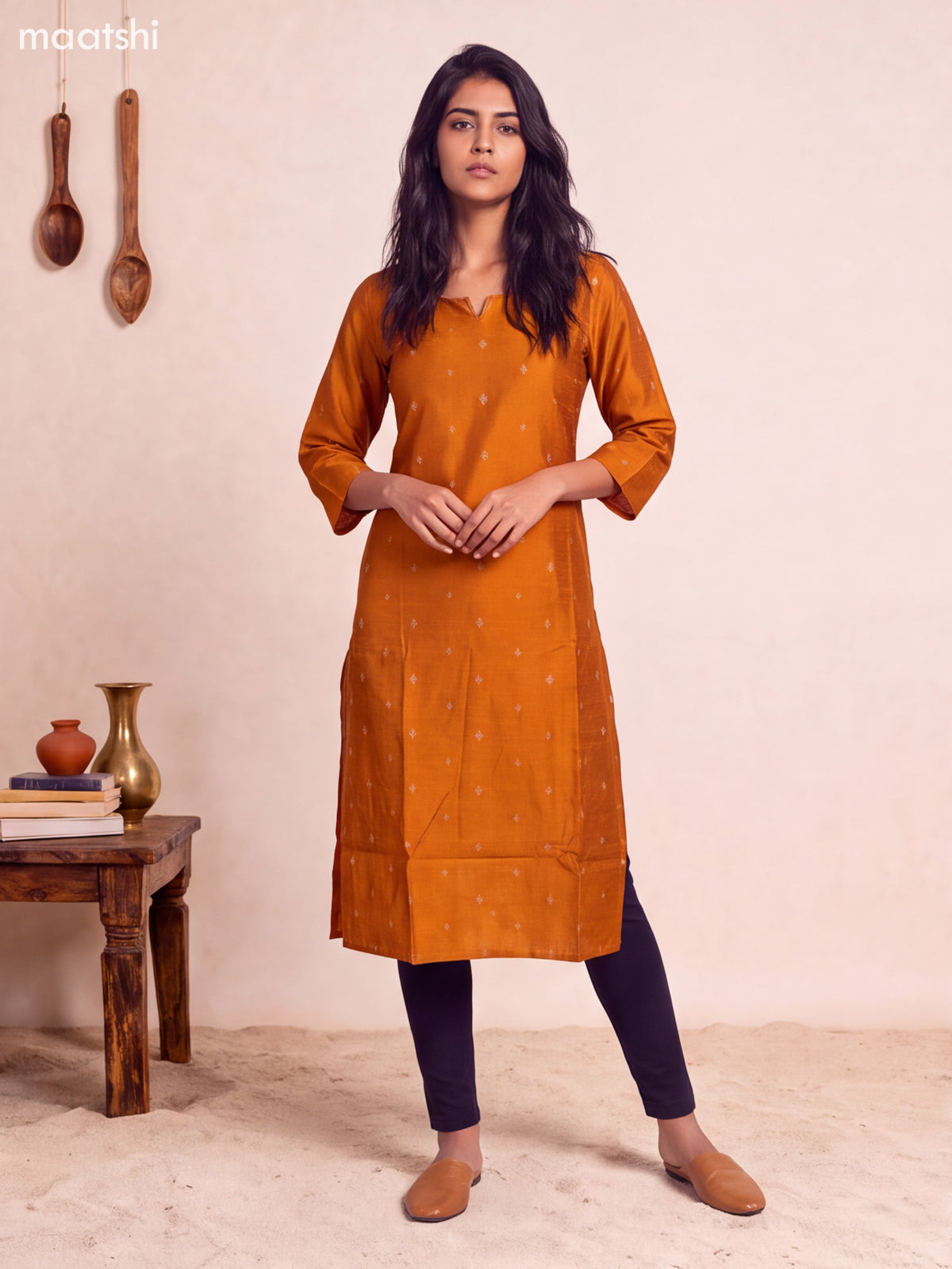 Rustic Orange Art Silk Embroidery Work Straight Kurti