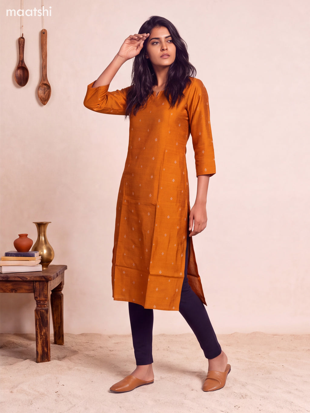 Rustic Orange Art Silk Embroidery Work Straight Kurti