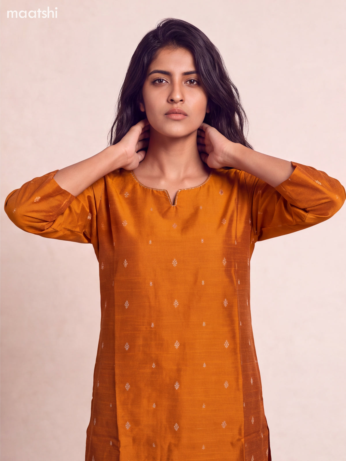 Rustic Orange Art Silk Embroidery Work Straight Kurti