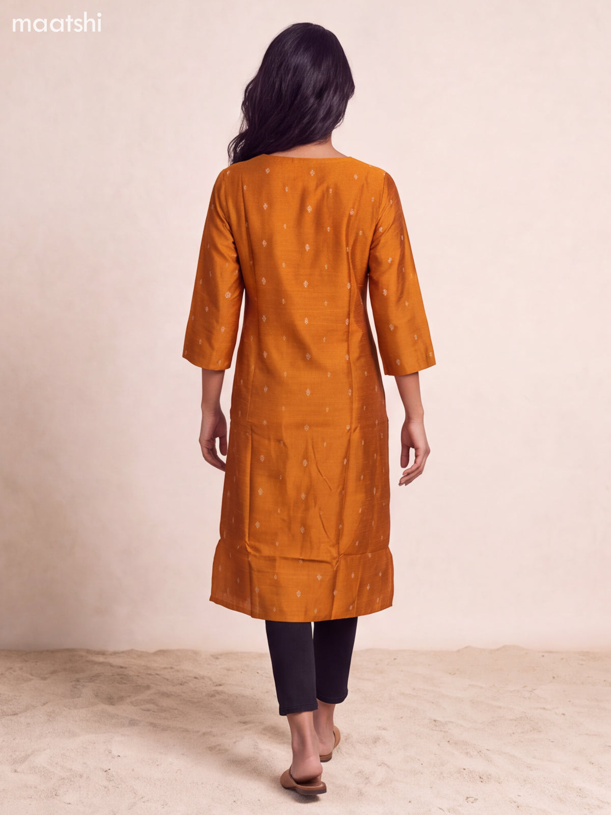 Rustic Orange Art Silk Embroidery Work Straight Kurti