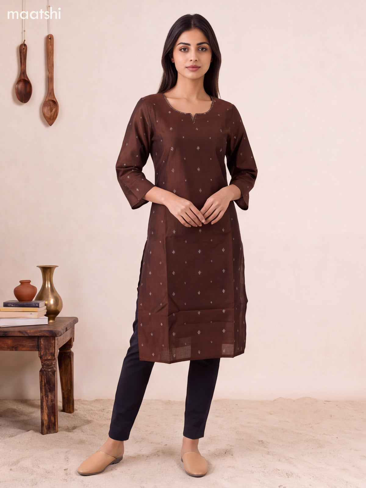 Coffee Brown Art Silk Embroidery Work Straight Kurti