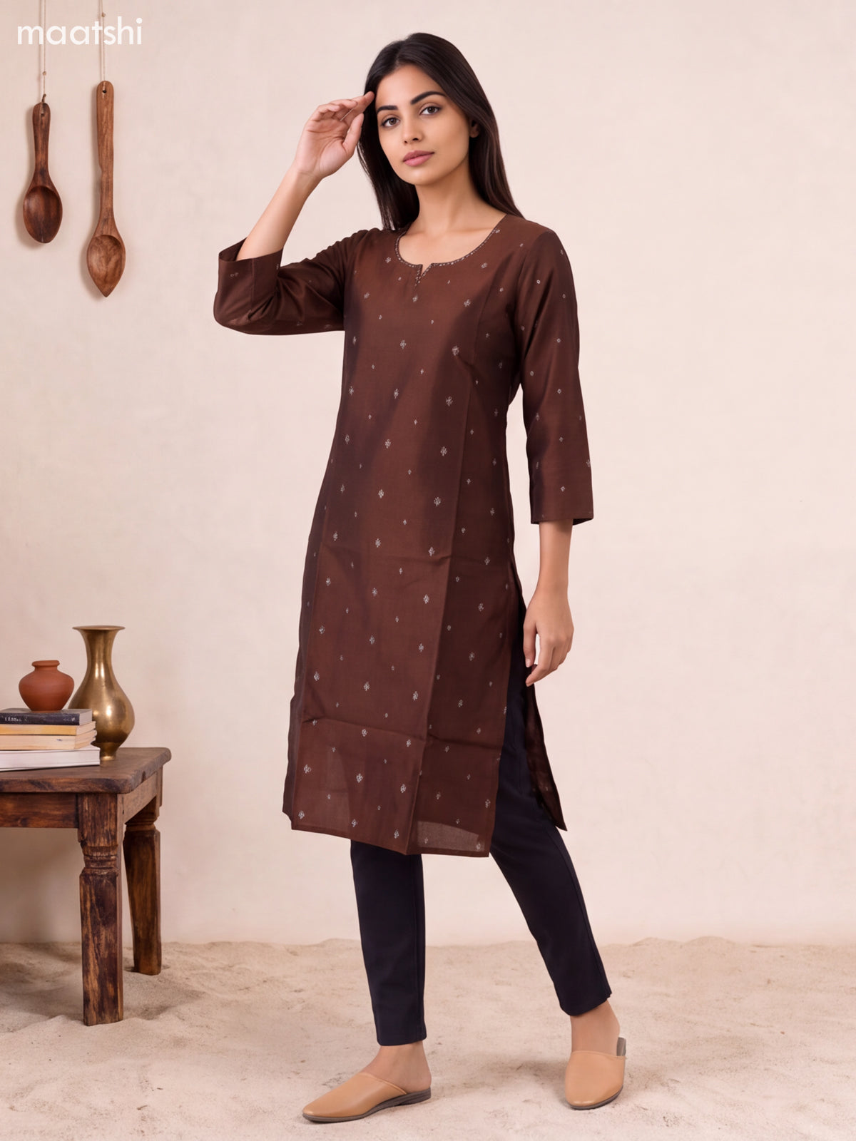 Coffee Brown Art Silk Embroidery Work Straight Kurti