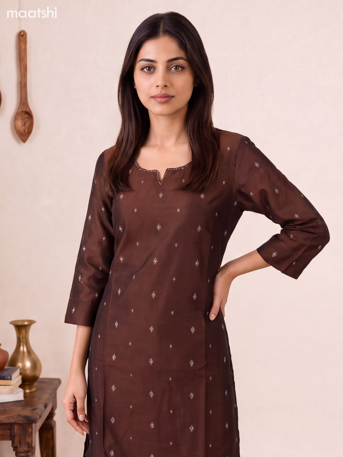 Coffee Brown Art Silk Embroidery Work Straight Kurti