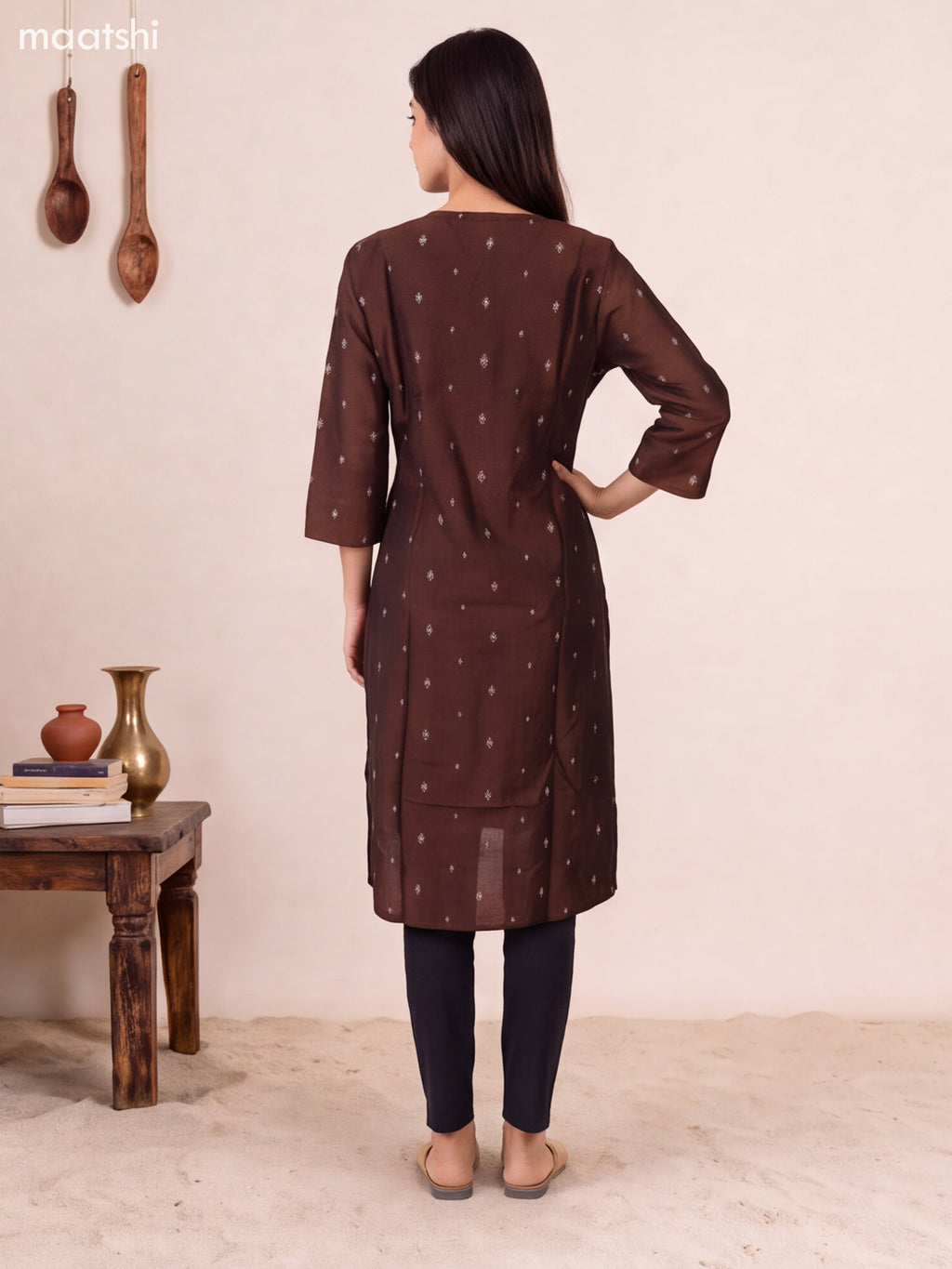 Coffee Brown Art Silk Embroidery Work Straight Kurti