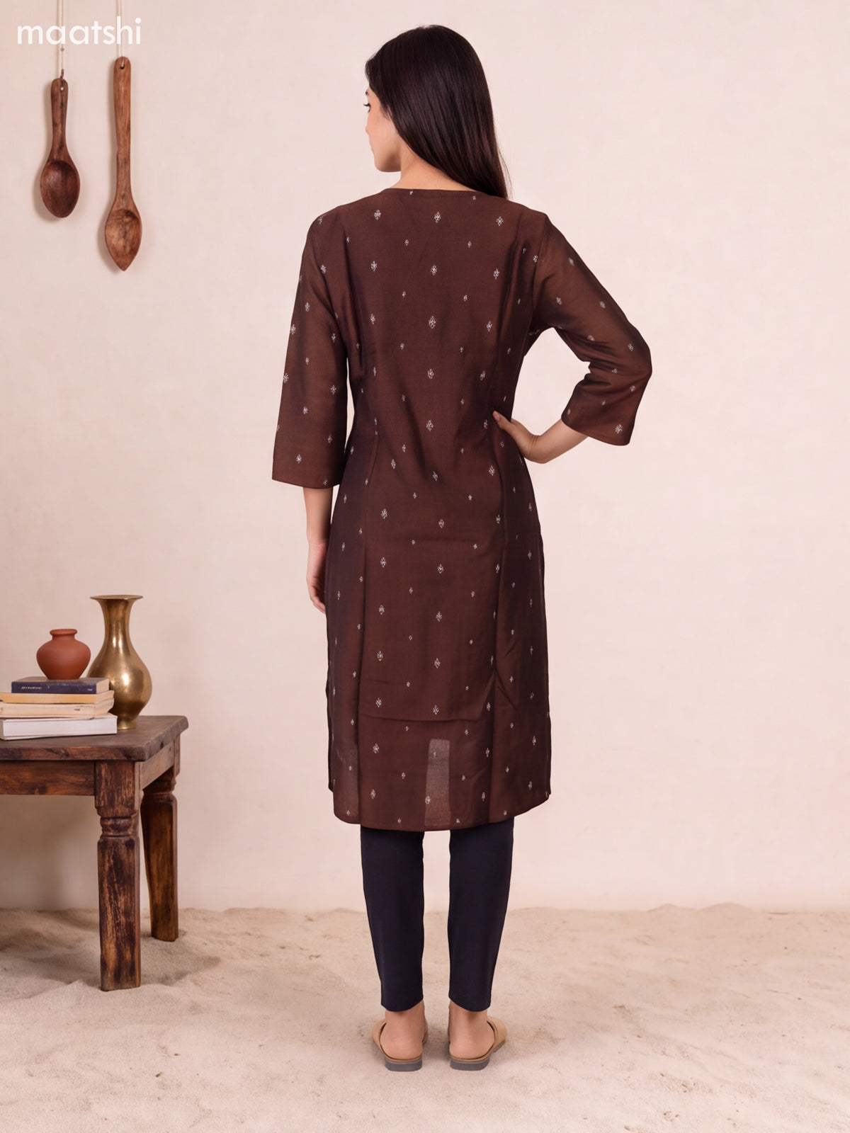 Coffee Brown Art Silk Embroidery Work Straight Kurti