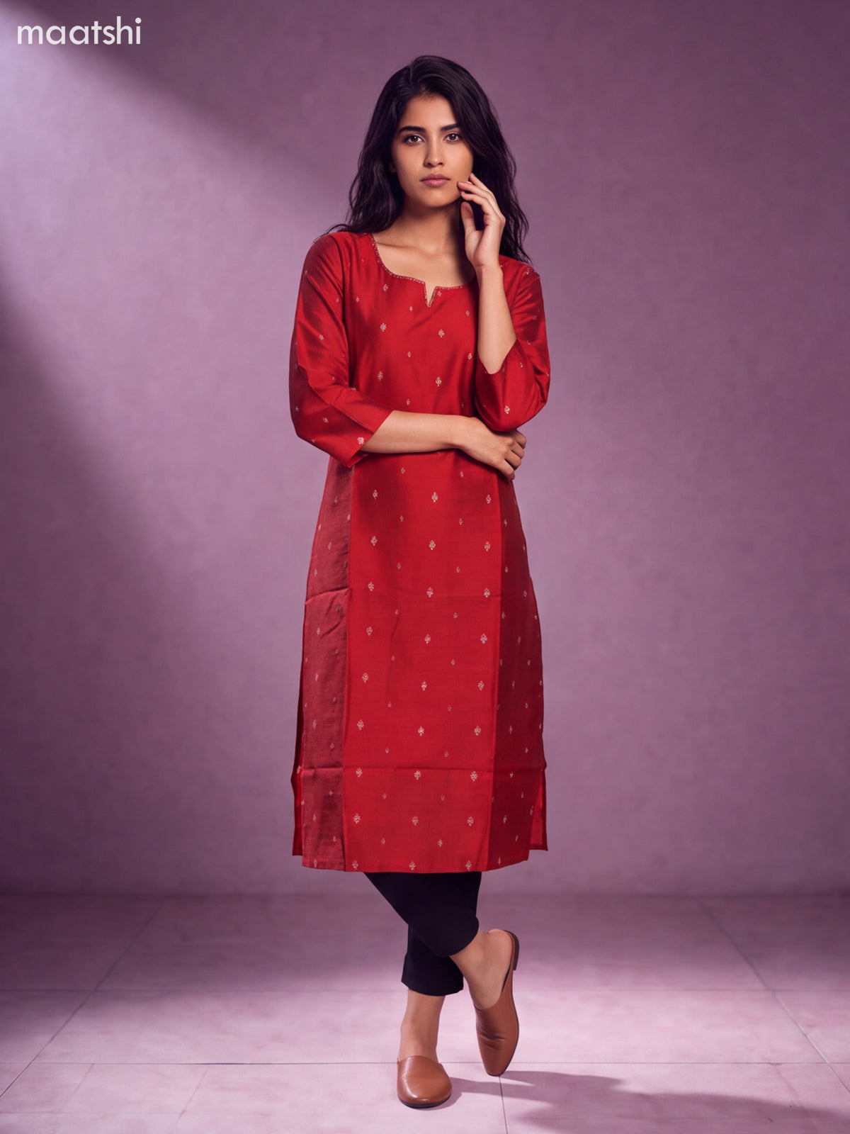 Red Art Silk Embroidery Work Straight Kurti