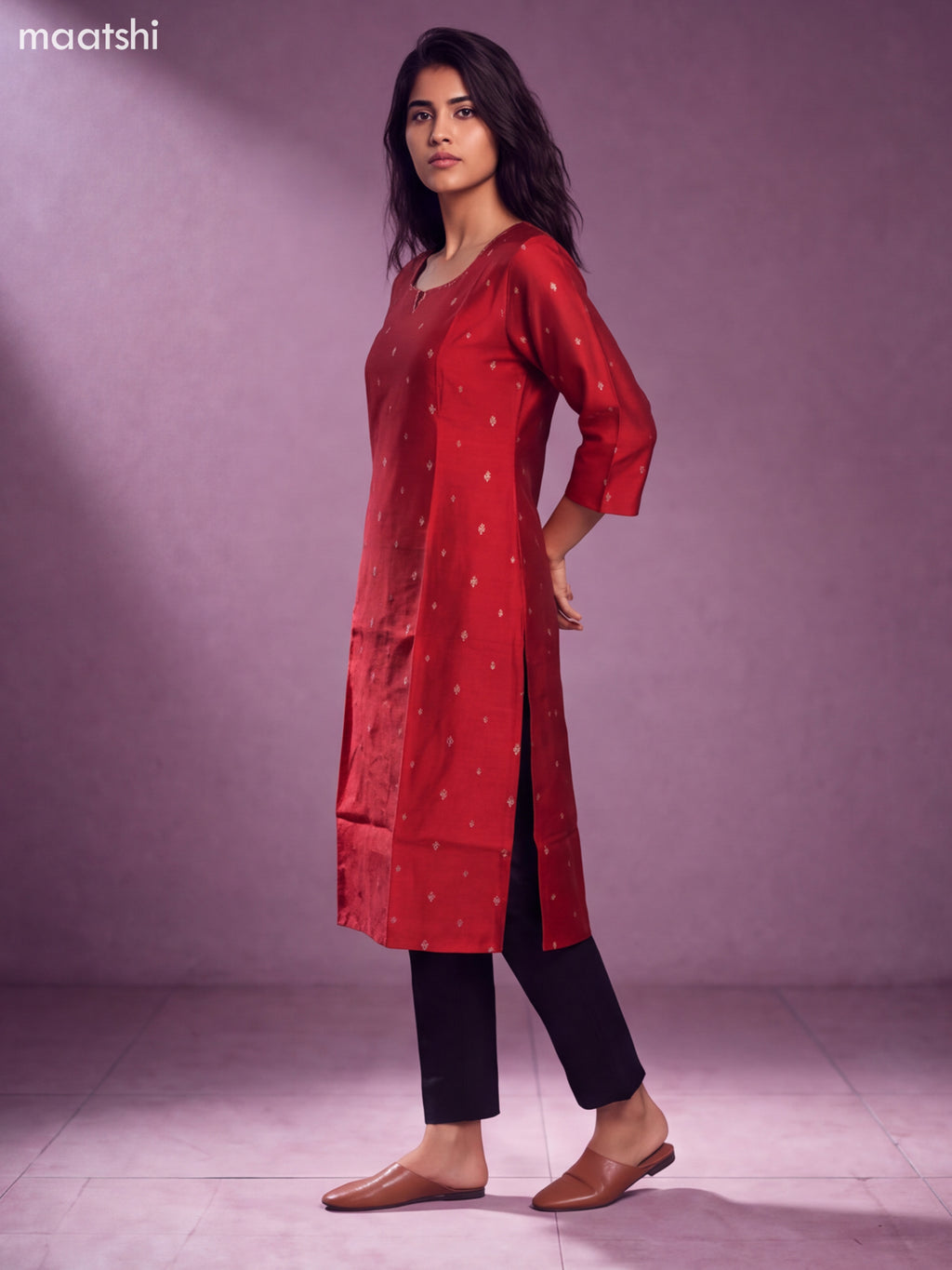 Red Art Silk Embroidery Work Straight Kurti