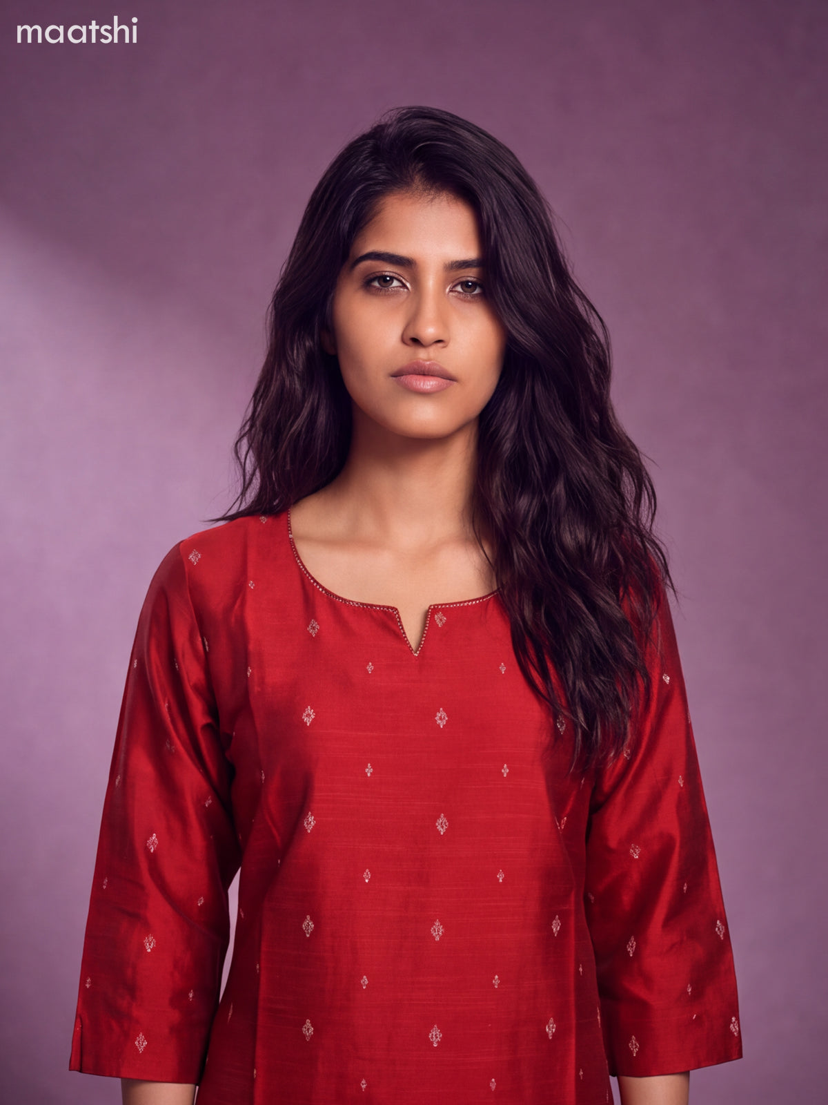 Red Art Silk Embroidery Work Straight Kurti