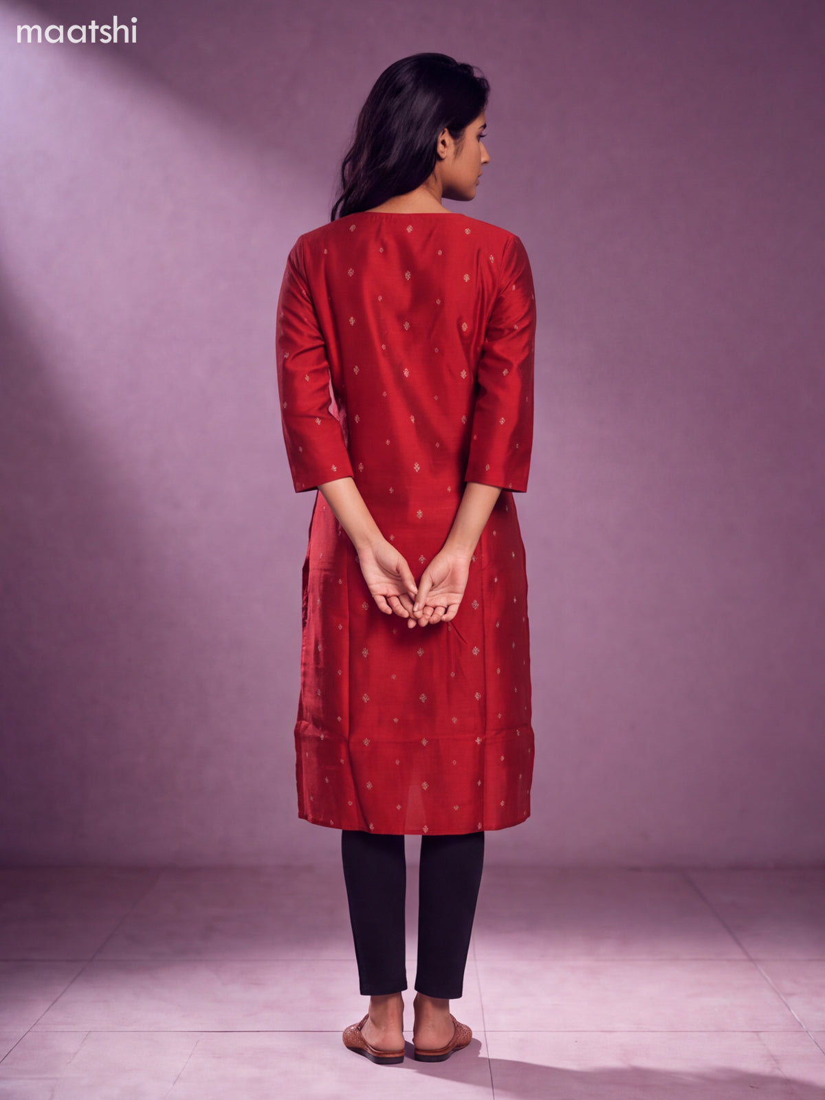 Red Art Silk Embroidery Work Straight Kurti